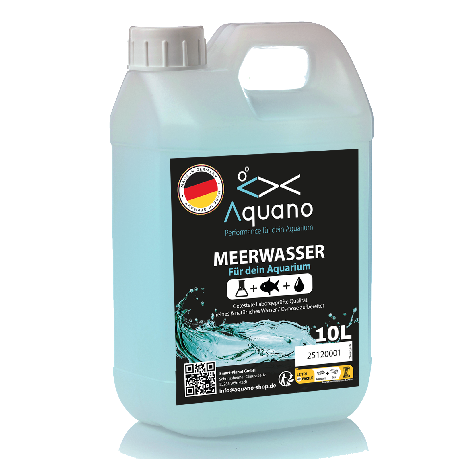 Laborgeprüfter AQUANO Premium Meerwasser 20L, 2x10L, für Aquarien, klare Flasche mit Meerwasser.